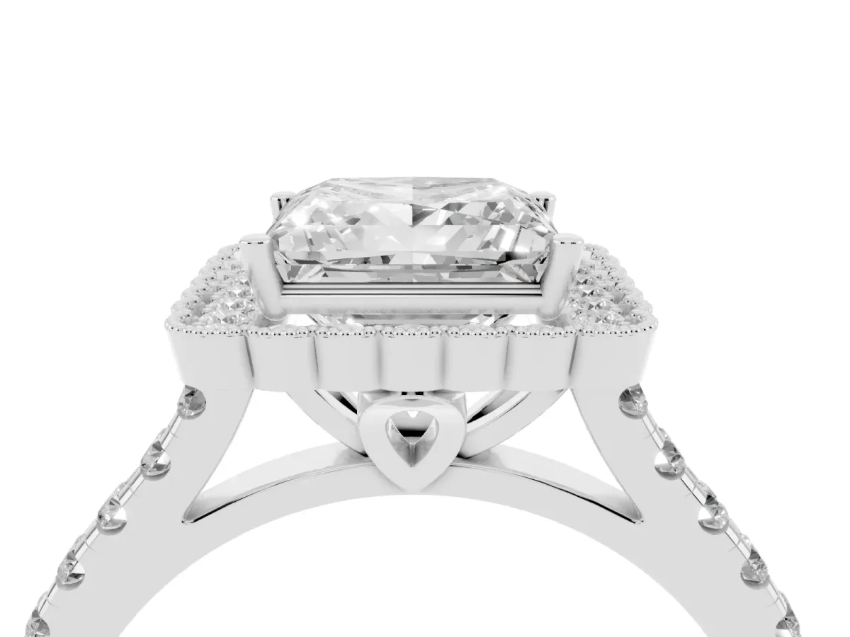 Princess Cut Cut Diamond Milgrain Floral Halo Engagement Ring with Pavé Band Silver