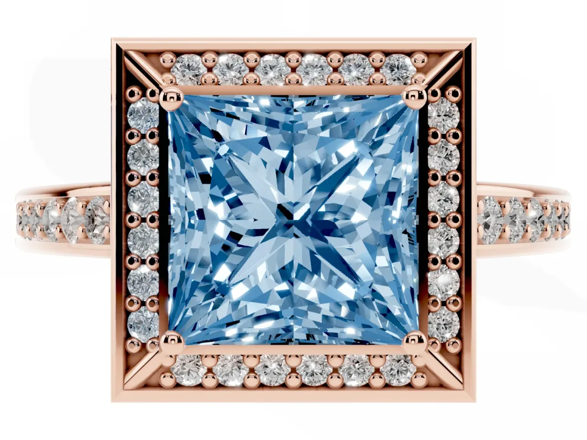 Fancy Blue Princess Cut Cut Halo Pave Split Shank Prong Setting Ring Rose gold
