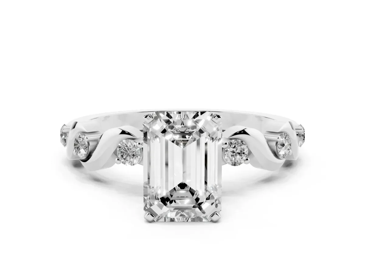 Emerald Cut Diamond Solitaire Twisted Band with Round Accents and Prong Setting Silver