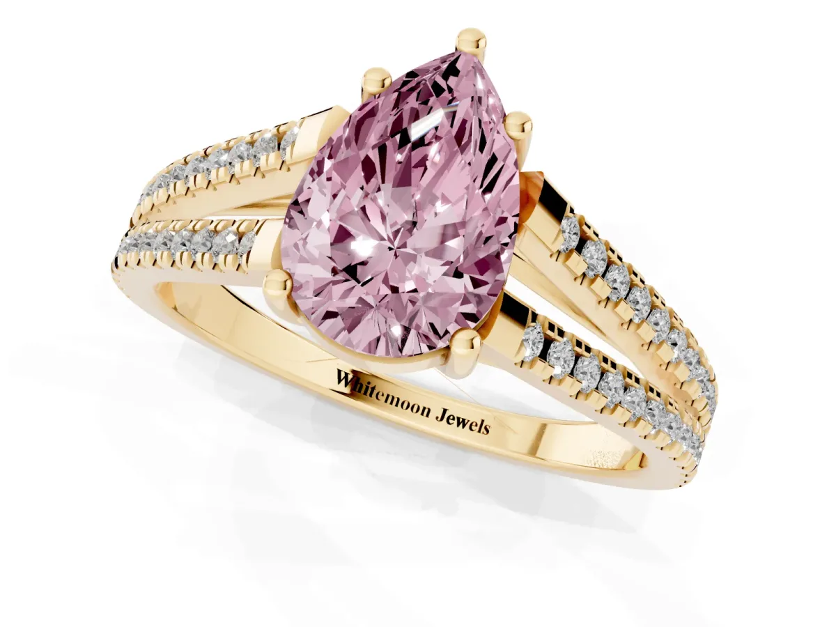 Fancy Pink Pear Cut Diamond Solitaire Engagement Ring with Split Shank Pavé Band Yellow gold