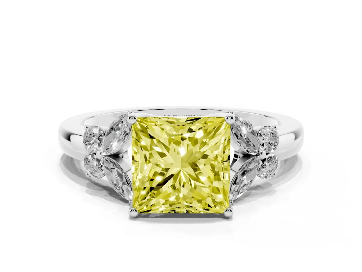 Fancy Yellow Princess Cut Cut Solitaire Floral Diamond Ring with Four-Prong Setting Silver
