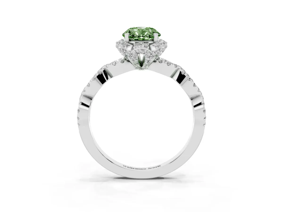 Fancy Green Oval Cut Halo Twist Band Solitaire Ring with Six-Prong Setting Silver