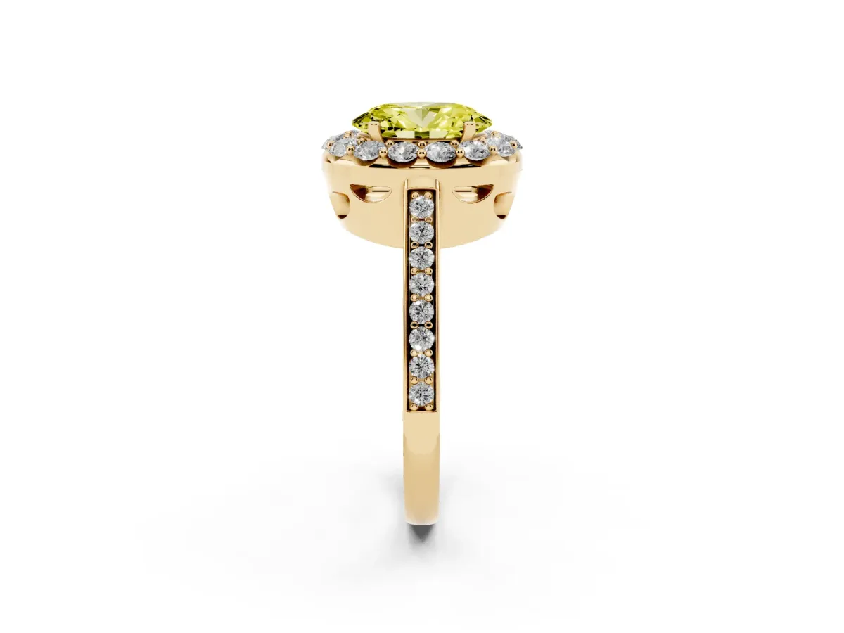 Fancy Yellow Oval Cut Diamond Floral Halo Ring with Pavé Band and Prong Setting Yellow gold