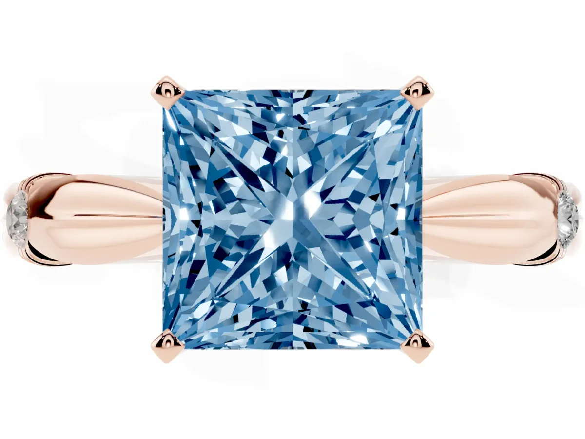 Fancy Blue Princess Cut Solitaire Diamond Twisted Band with Four-Prong Setting Rose gold