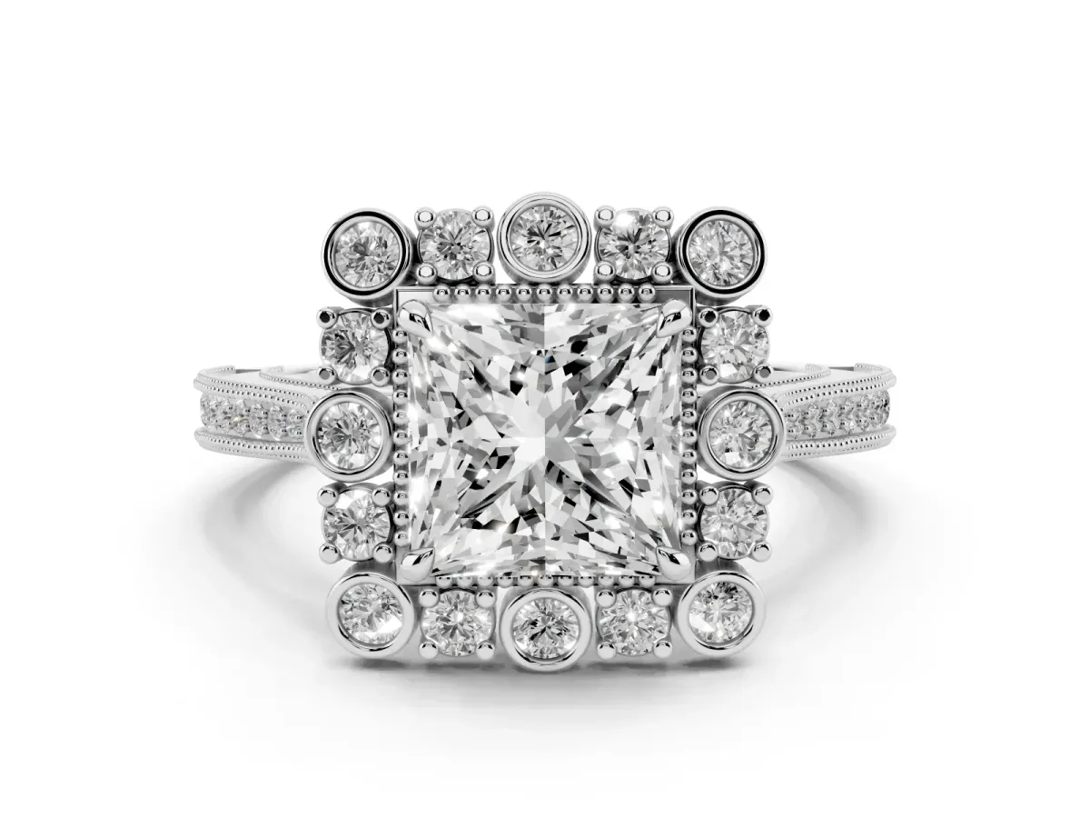 Princess Cut Halo Milgrain Pave Diamond Ring with Four-Prong Setting Silver