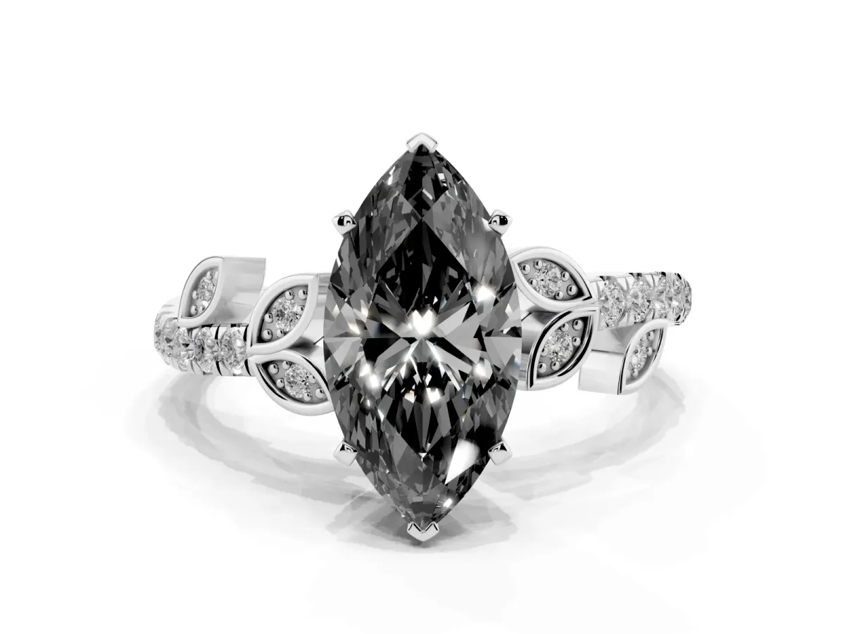 Fancy Black Marquise Cut Solitaire Leaf-Inspired Diamond Ring with Pavé Band and Four-Prong Setting Silver