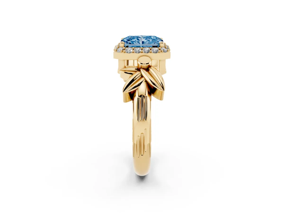 Fancy Blue Radiant Cut Halo Diamond Floral Band with Four-Prong Setting Yellow gold