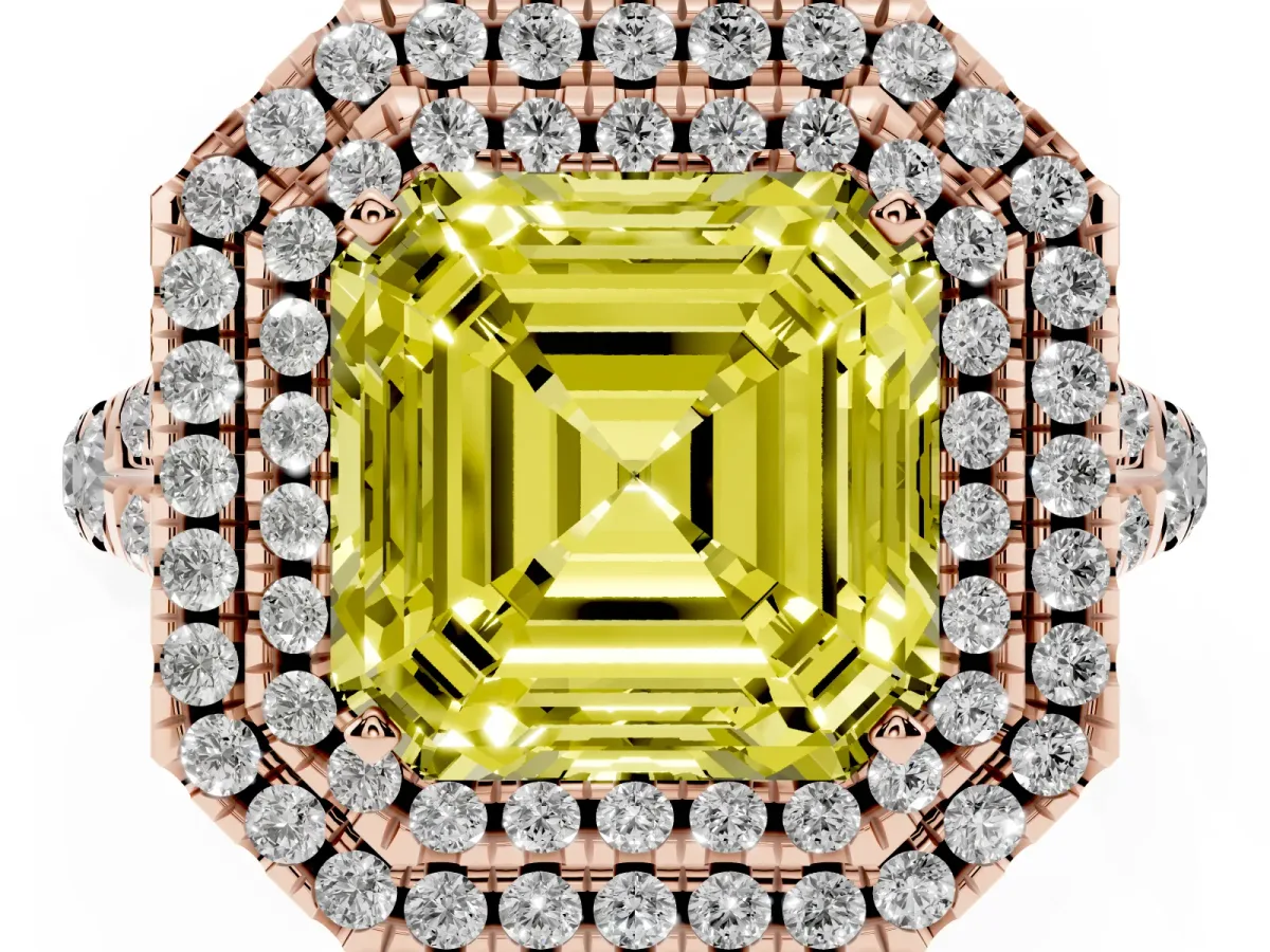 Fancy Yellow Asscher Cut Diamond Pavé Split Shank Double Halo Engagement Ring Rose gold