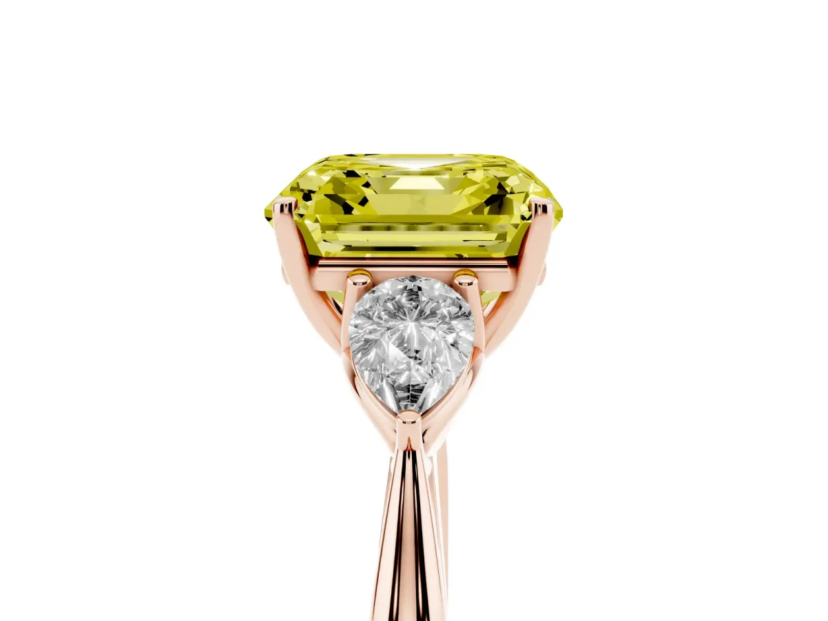 Fancy Yellow Asscher Cut Diamond Three-Stone Ring with Pear Side Stones and Prong Setting Rose gold
