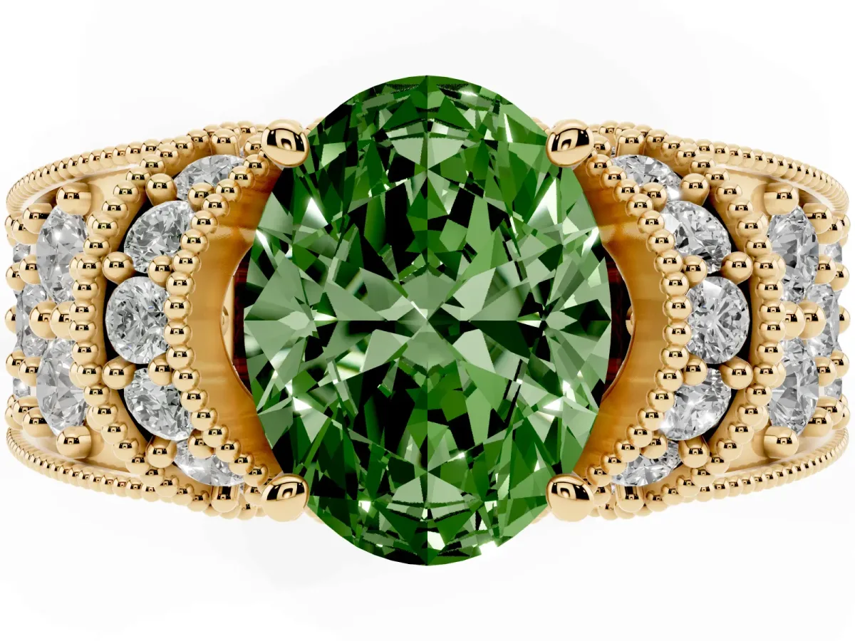 Fancy Green Oval Cut Halo Pave Diamond Engagement Ring with Milgrain Detailing Yellow gold