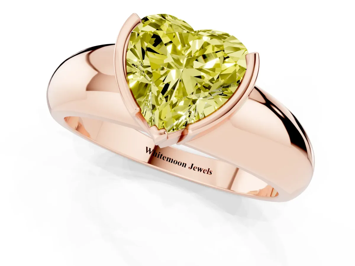 Fancy Yellow Heart Cut Solitaire Tension Set Diamond Ring with Wide Band Rose gold