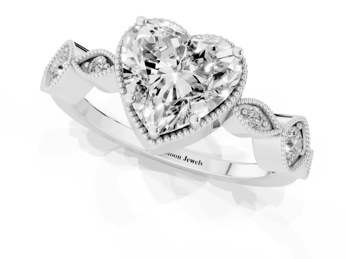 Heart Cut Diamond Vintage Milgrain Ring with Round Stations Silver