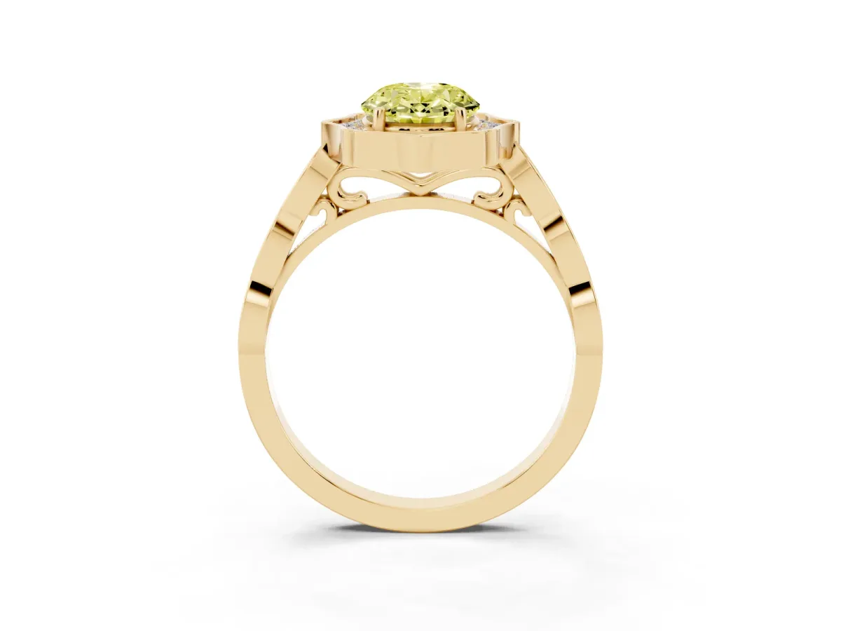 Fancy Yellow Oval Cut Halo Diamond Engagement Ring with Milgrain Band and Four-Prong Setting Yellow gold