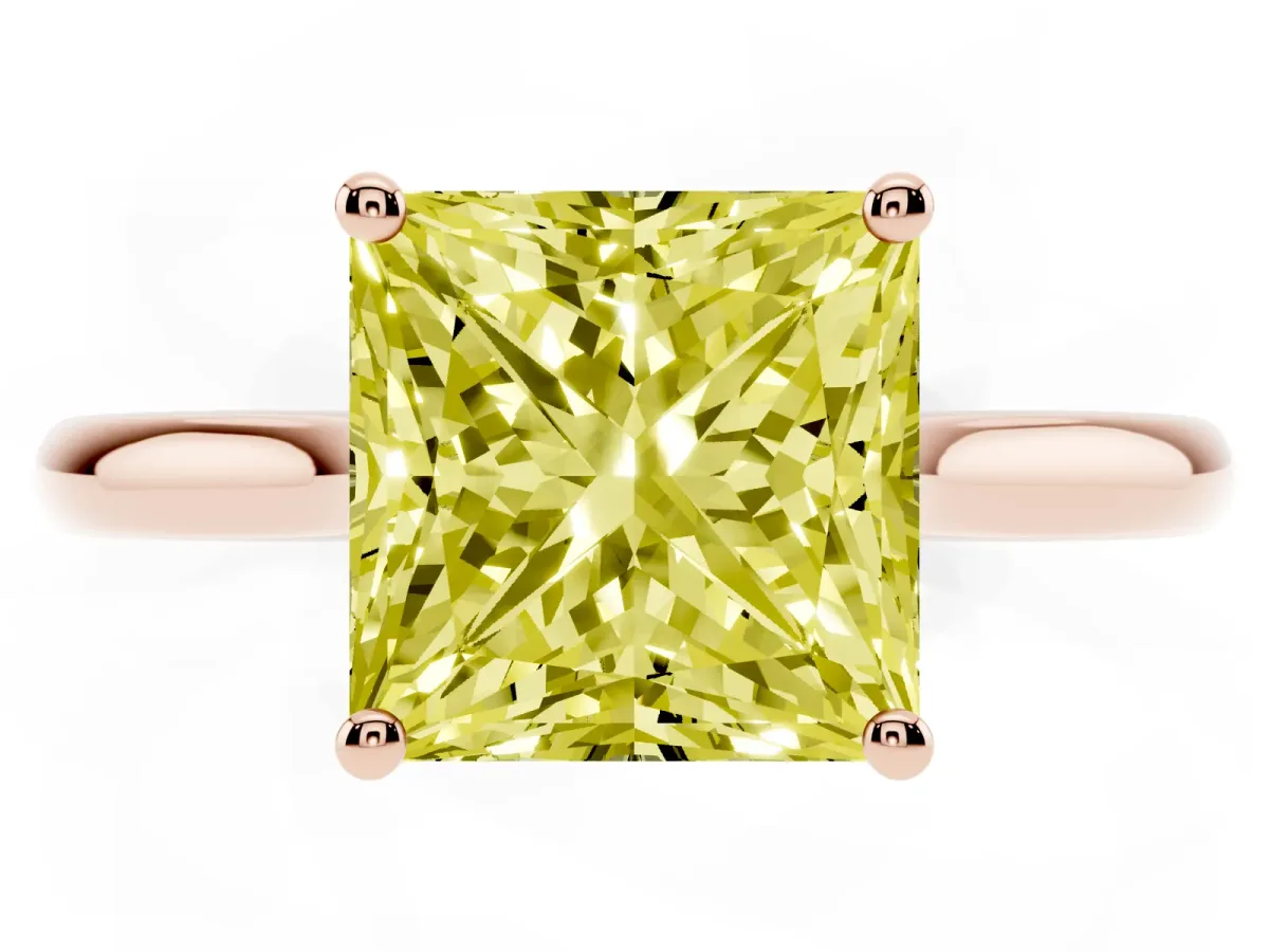 Fancy Yellow Princess Cut Cut Solitaire Ring with Cathedral Band and Four-Prong Setting Rose gold