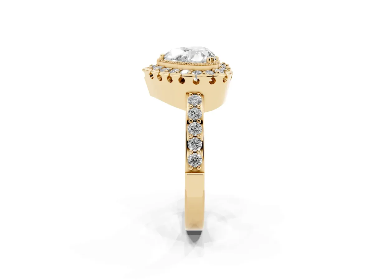 Heart Cut Diamond Halo Ring with Pavé Band and Prong Setting Yellow gold