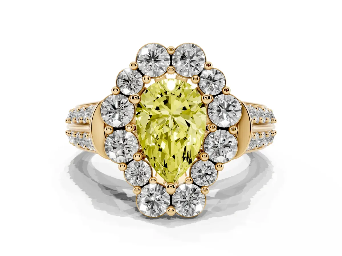 Fancy Yellow Pear Cut Halo Diamond Engagement Ring with Split Shank and Prong Setting Yellow gold