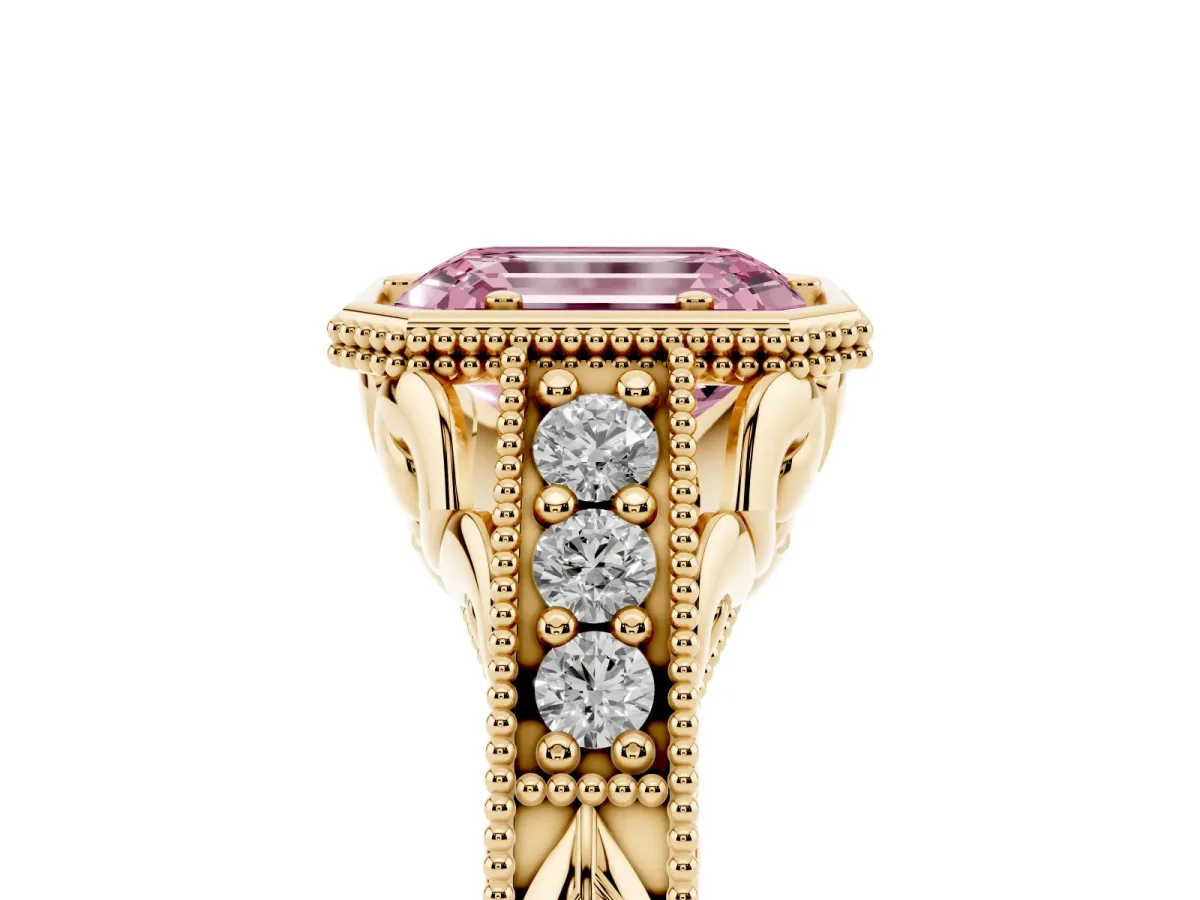 Fancy Pink Bezel Set Emerald Cut Diamond Milgrain Pave Engagement Ring Yellow gold