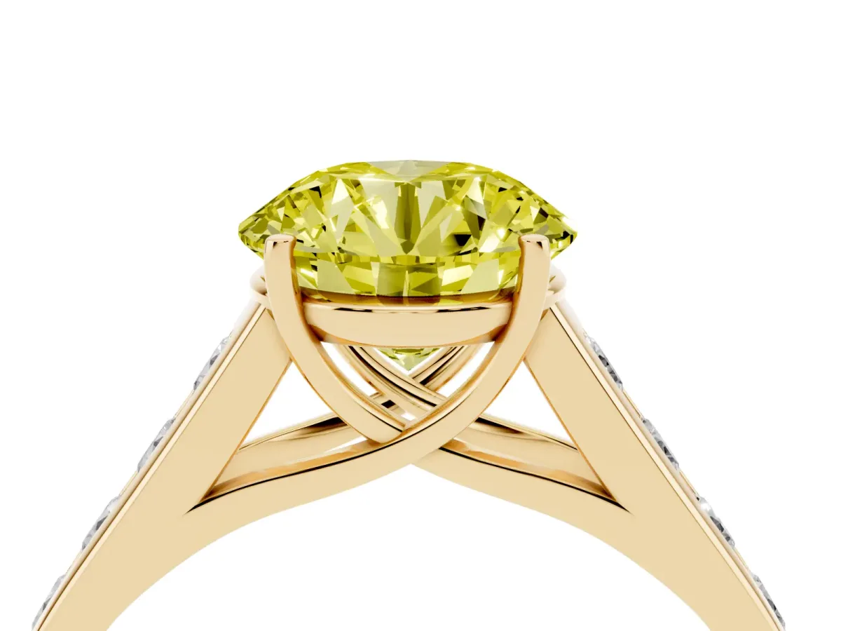 Fancy Yellow Round Cut Brilliant Channel-Set Solitaire Ring with Four-Prong Setting Yellow gold
