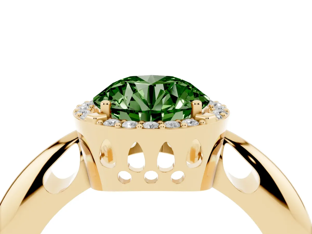 Fancy Green Round Cut Cut Diamond Halo Engagement Ring with Split Shank and Four-Prong Setting Yellow gold