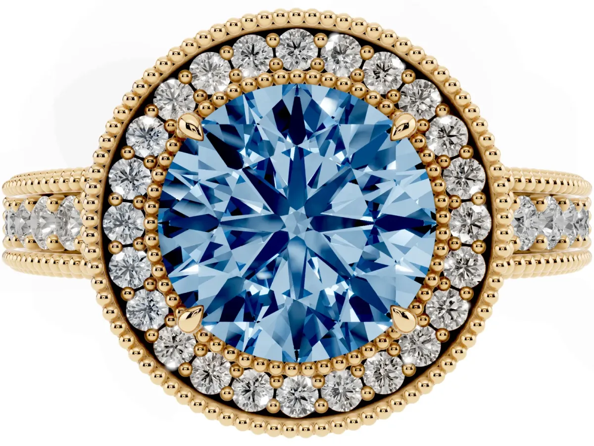Fancy Blue Round Cut Cut Halo Diamond Ring with Pavé Band and Four-Prong Setting Yellow gold