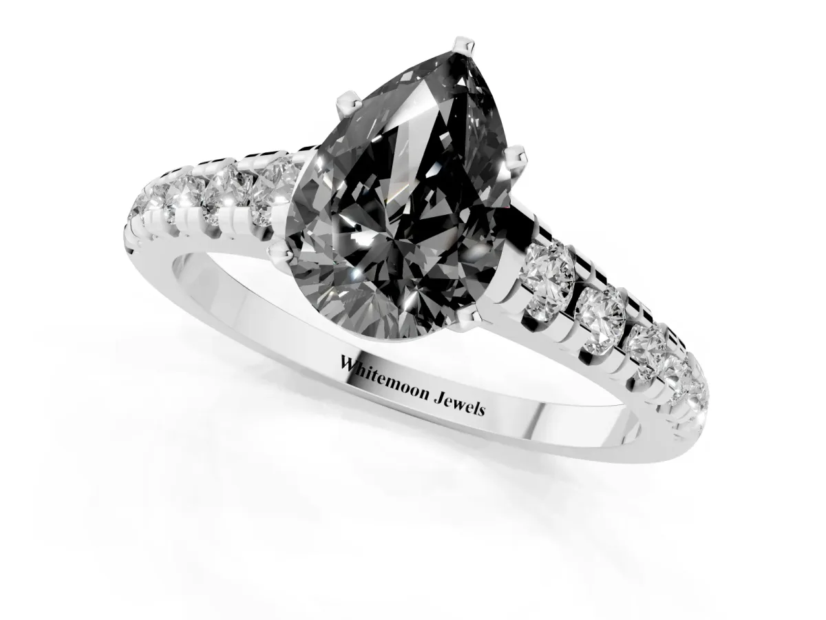 Fancy Black Pear Cut Diamond Cathedral Solitaire Ring with Round Pavé Band Platinum