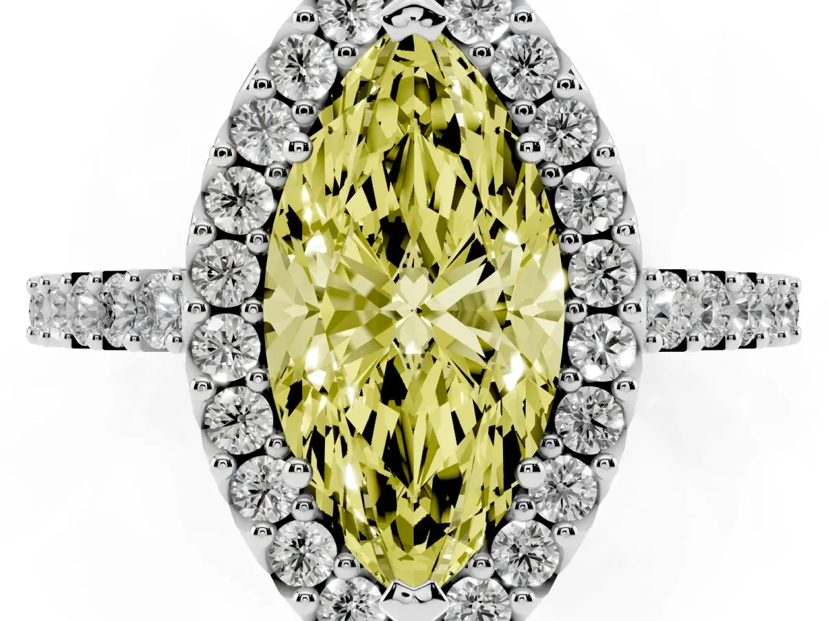 Fancy Yellow Marquise Cut Halo Diamond Pavé Solitaire Ring Silver