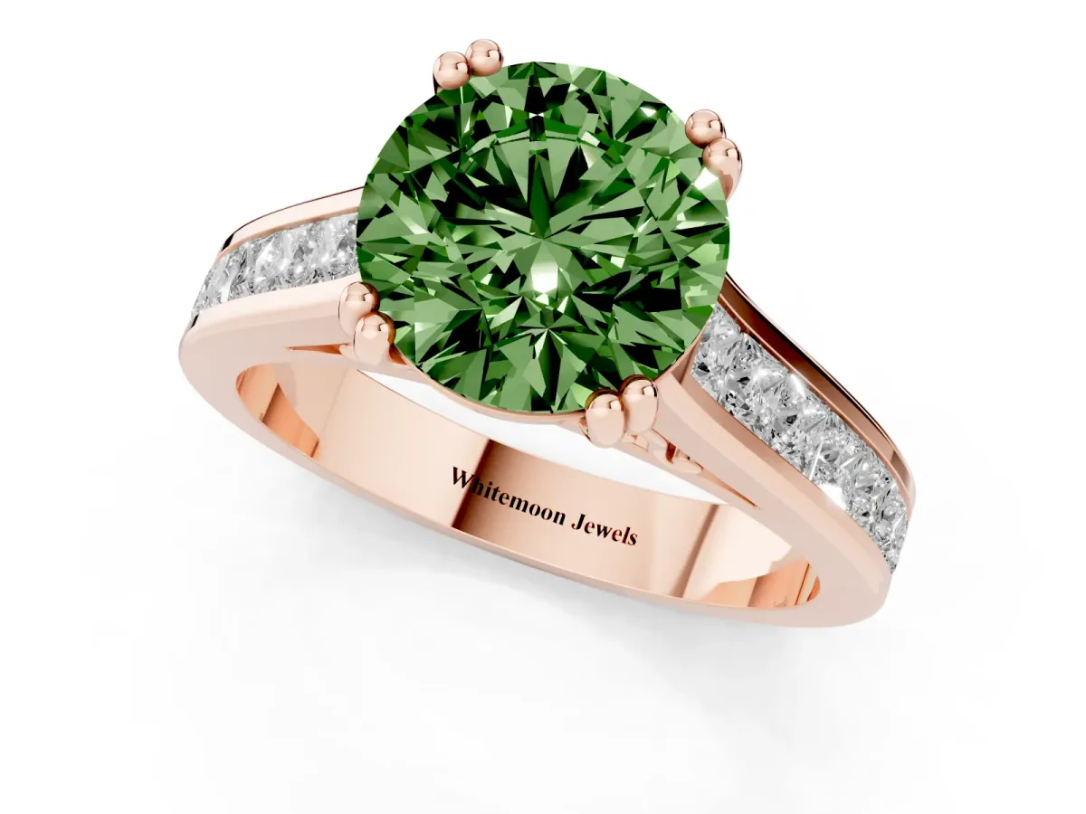 Fancy Green Round Cut Cut Channel Set Solitaire Engagement Ring with Prong Setting Rose gold