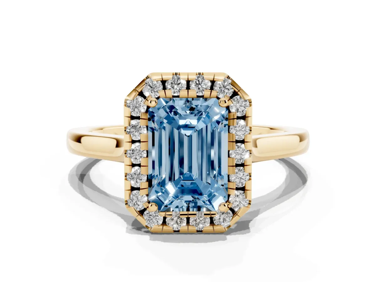 Fancy Blue Emerald Cut Halo Round Diamond Solitaire Ring with Pavé Band and Four-Prong Setting Yellow gold