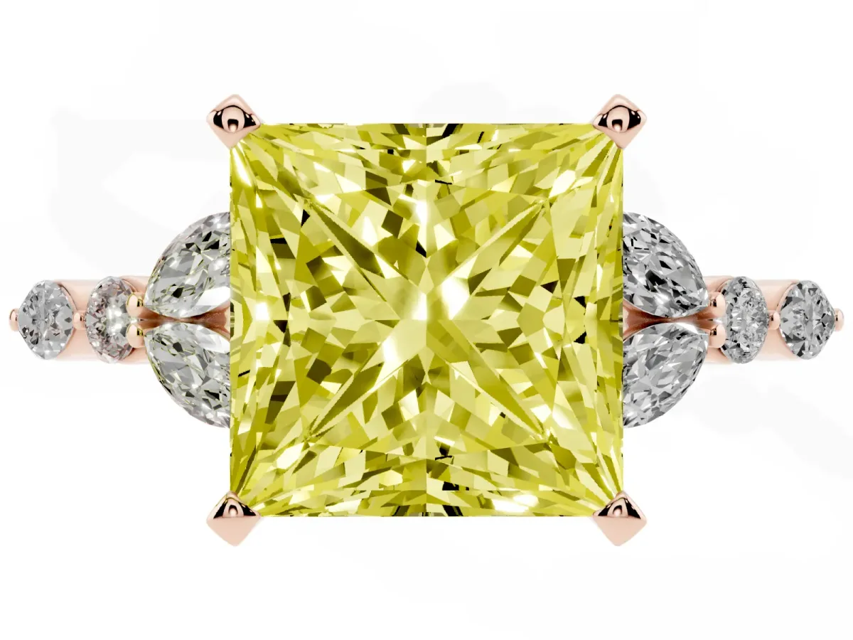 Fancy Yellow Princess Cut Diamond Solitaire Ring with Side Stones and Four-Prong Setting Rose gold