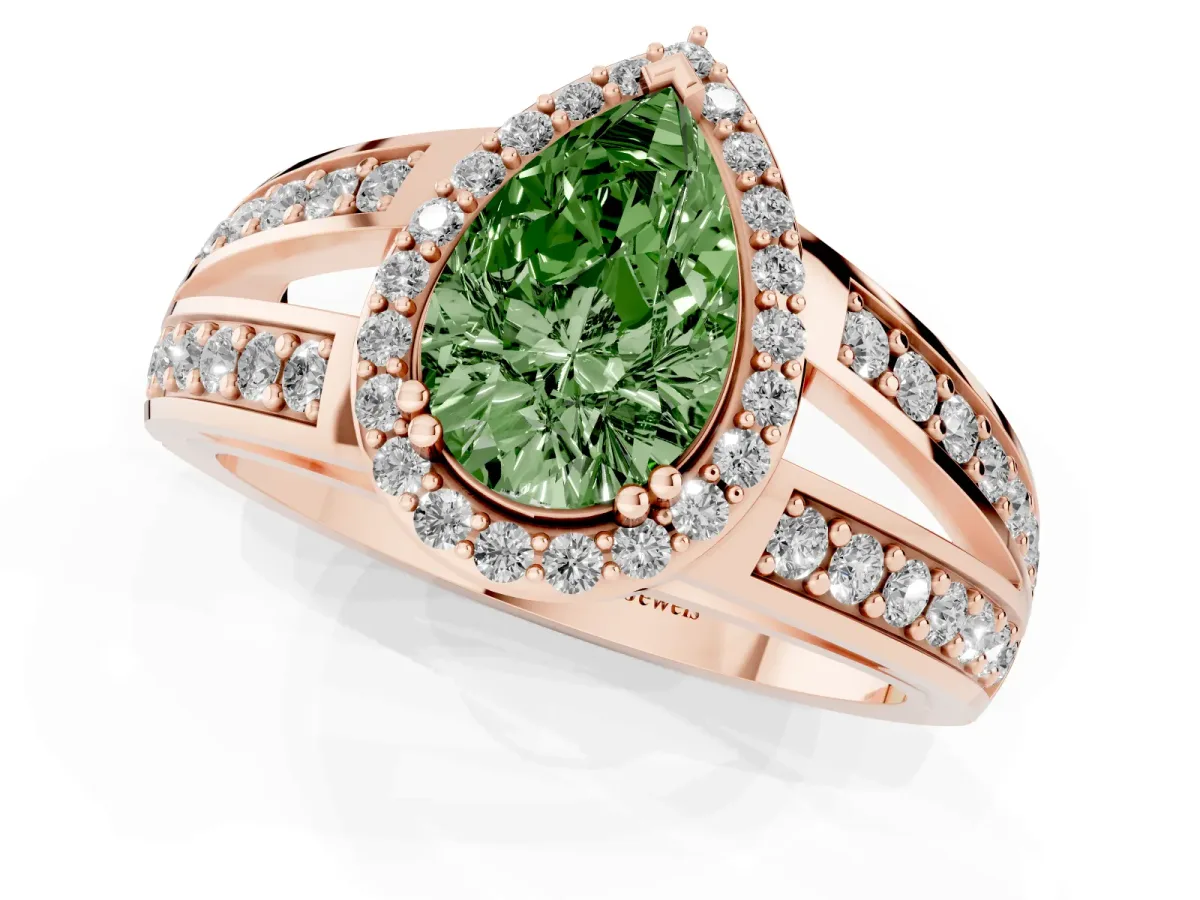 Fancy Green Pear Cut Diamond Halo Ring with Split Shank Pavé Band and Four-Prong Setting Rose gold