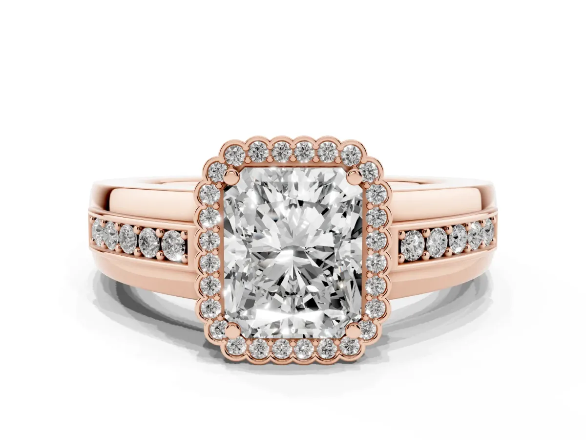 Radiant Cut Cut Halo Pave Band Four-Prong Ring Rose gold