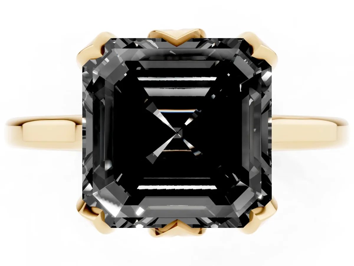 Fancy Black Asscher Cut Diamond Solitaire Ring with Flower Prong Setting and Classic Band Yellow gold