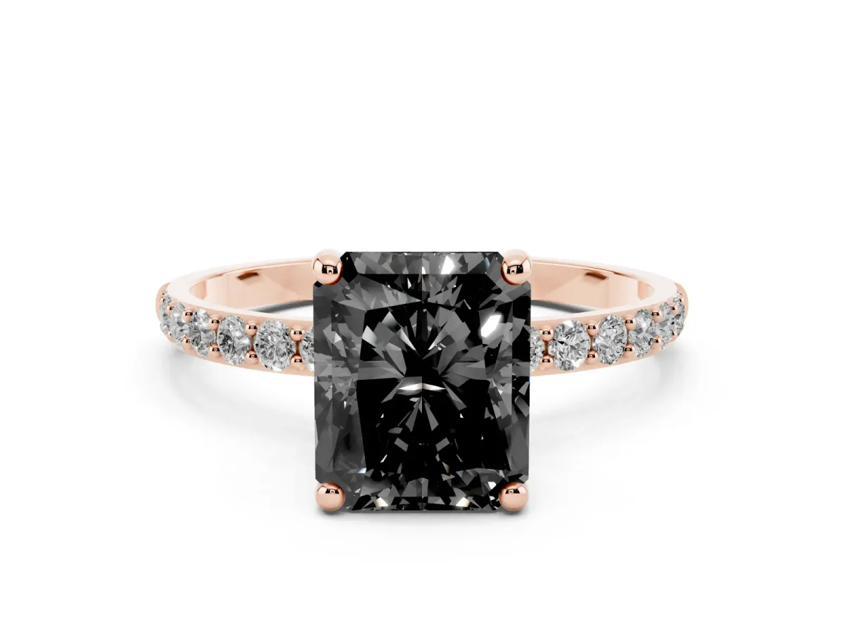 Fancy Black Radiant Cut Diamond Solitaire Ring with Round Pavé Band and Prong Setting Rose gold