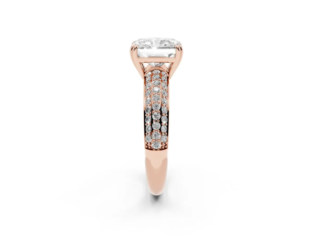 Radiant Cut Diamond Solitaire Ring with Multi-Row Round Pavé Band and Prong Setting Rose gold