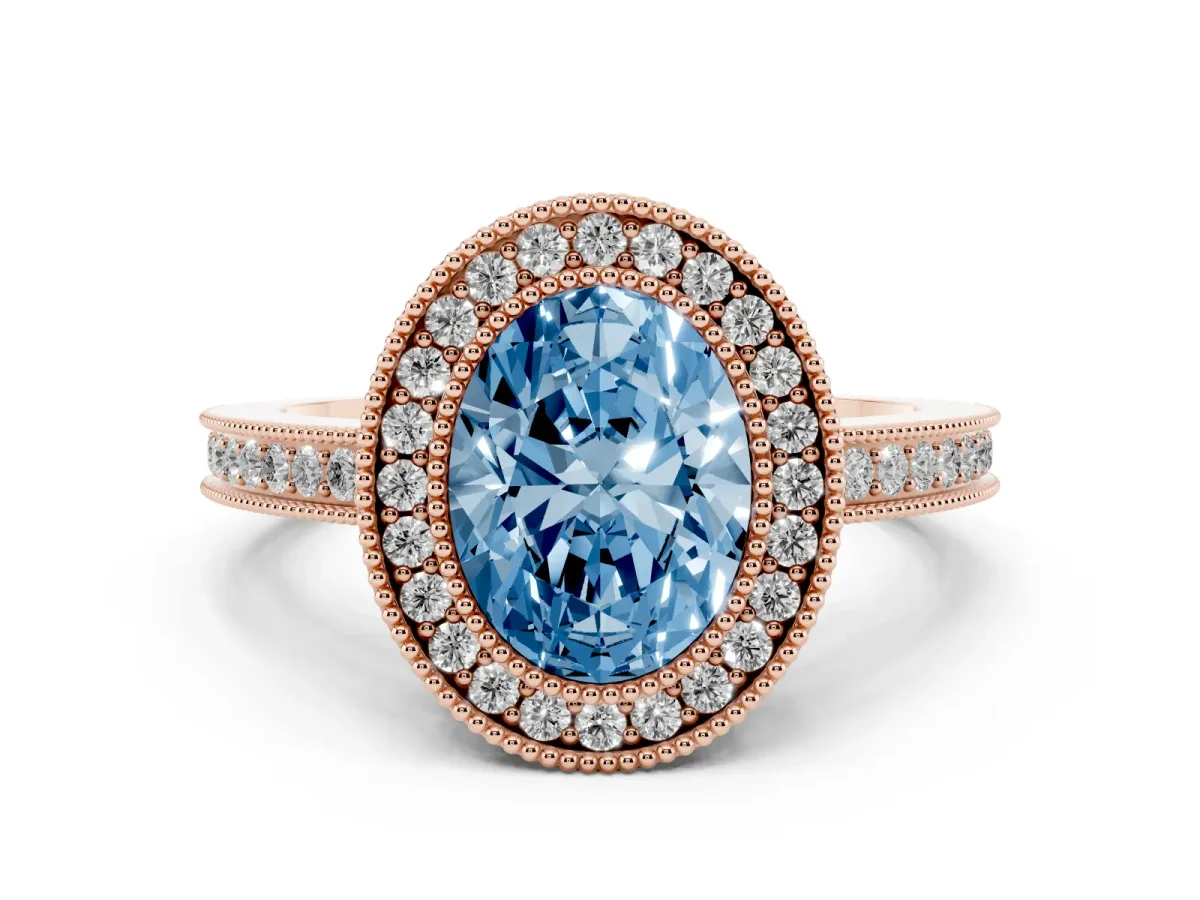 Fancy Blue Oval Cut Cut Halo Diamond Ring with Pavé Band and Milgrain Prong Setting Rose gold