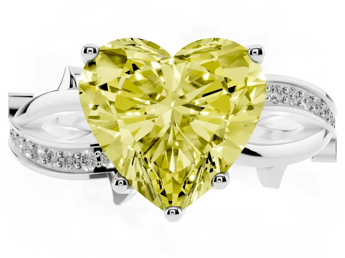 Fancy Yellow Heart Cut Solitaire Twist Band with Pavé Accents and Four-Prong Setting Silver