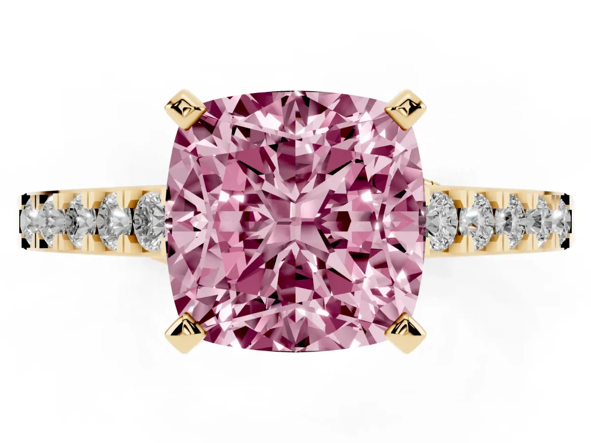 Fancy Pink Cushion Cut Diamond Solitaire Ring with Crossover Gallery and Round Pavé Band Yellow gold