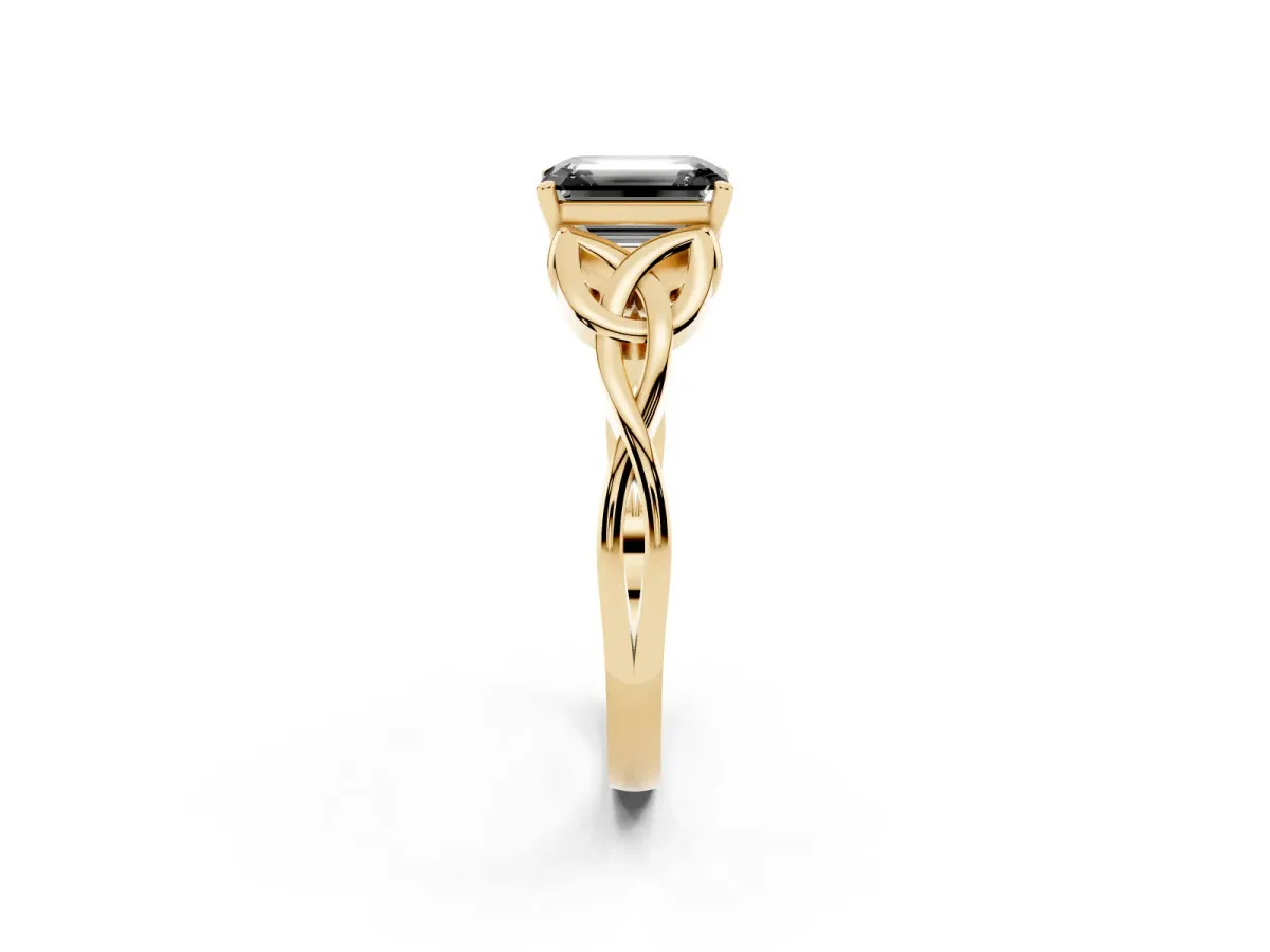 Fancy Black Emerald Cut Diamond Solitaire Engagement Ring with Celtic Knot Band and Four-Prong Setting Yellow gold