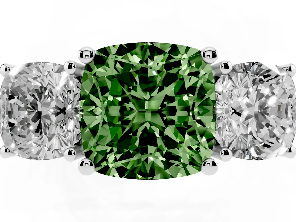 Fancy Green Three-Stone Cushion Cut Cut Diamond Engagement Ring with Flat Band and Four-Prong Setting Silver