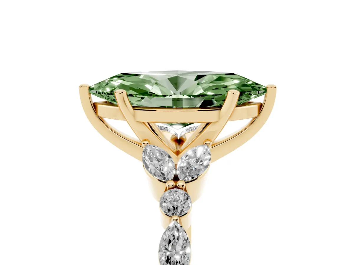 Fancy Green Marquise Cut Diamond Solitaire Ring with Side Stones and Four-Prong Setting Yellow gold