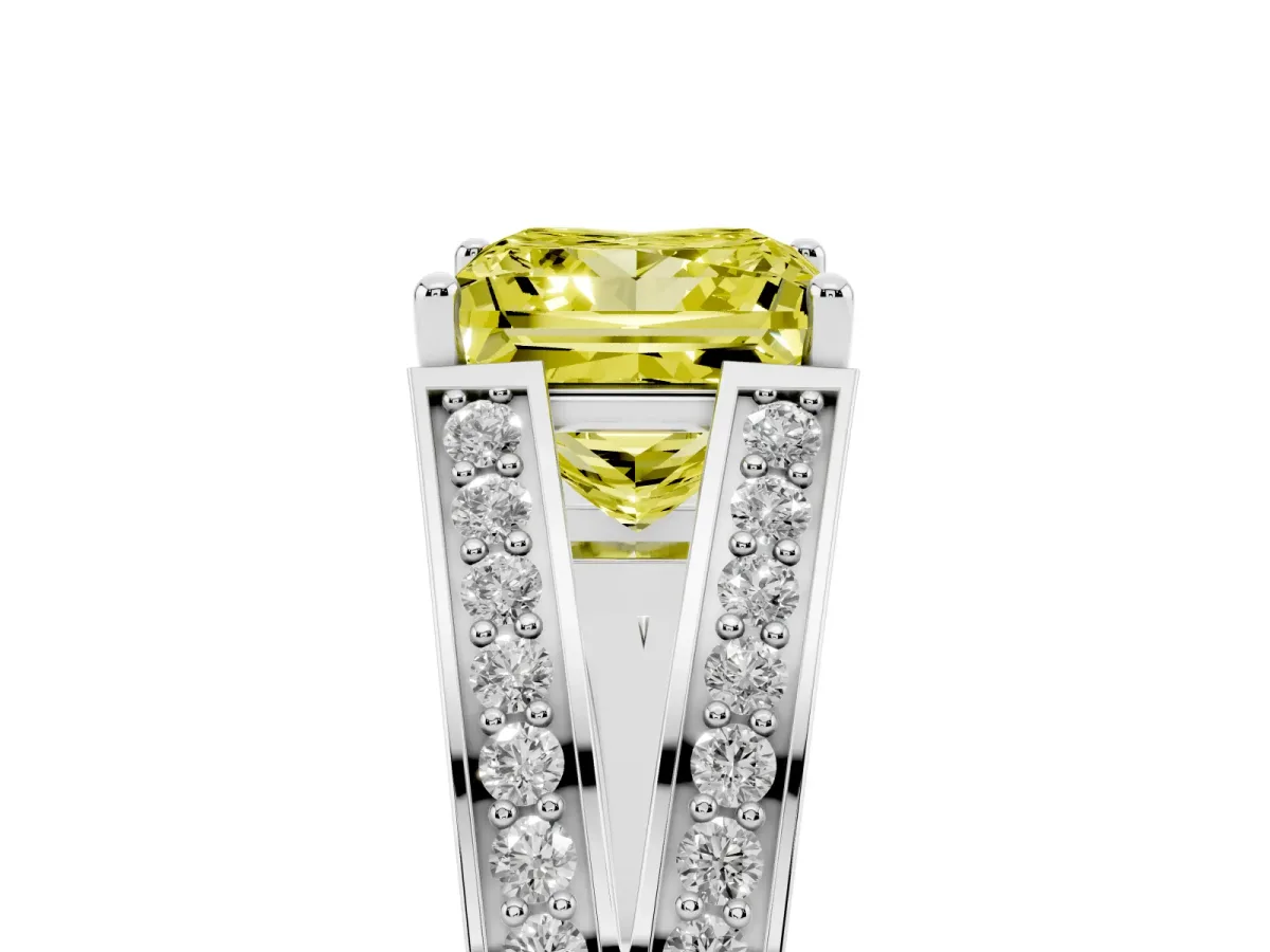 Fancy Yellow Princess Cut Diamond Split Shank Ring with Pavé Band and Four-Prong Setting White gold