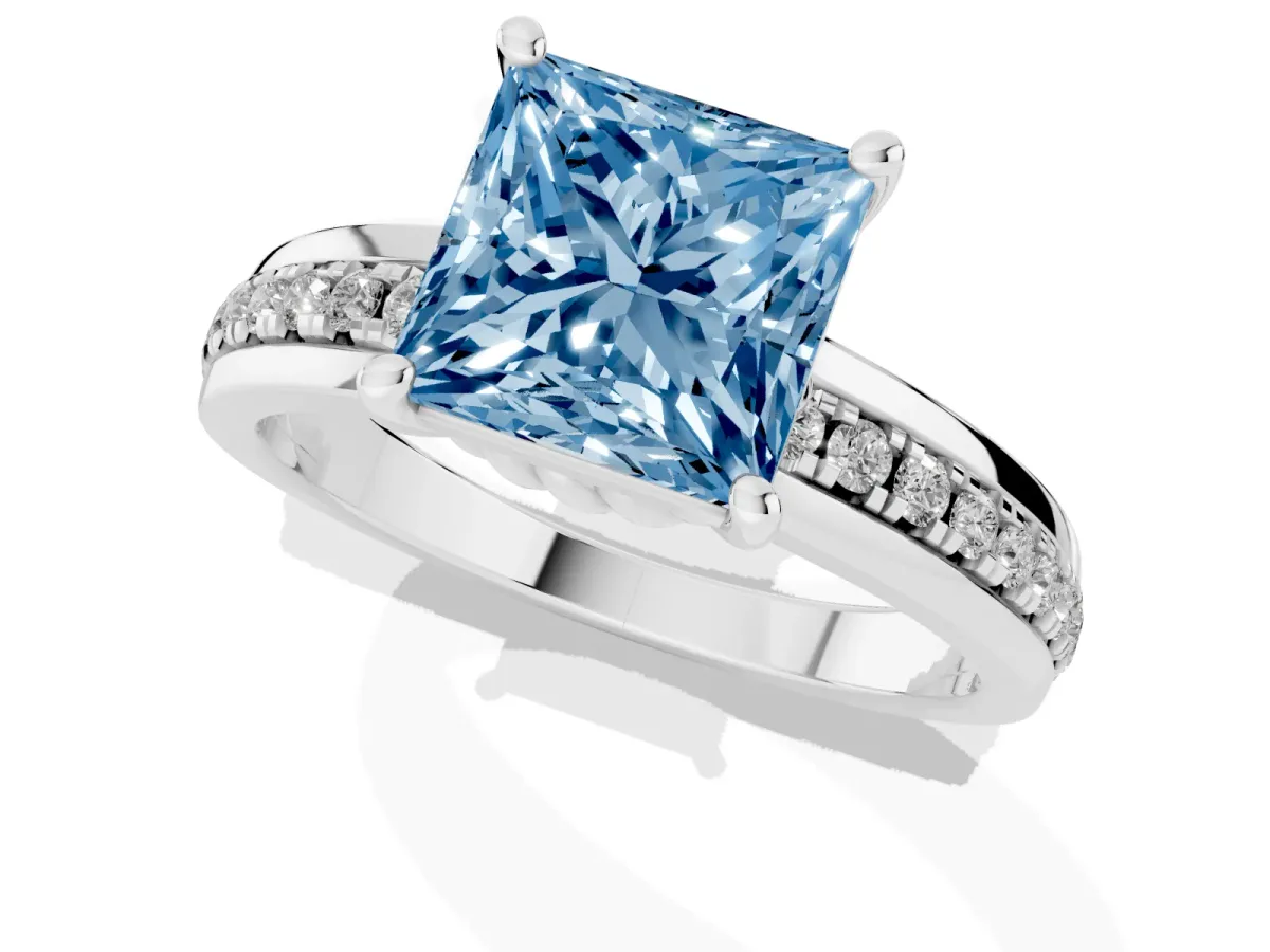 Fancy Blue Princess Cut Solitaire Diamond Ring with Channel Set Band and Six-Prong Setting Silver