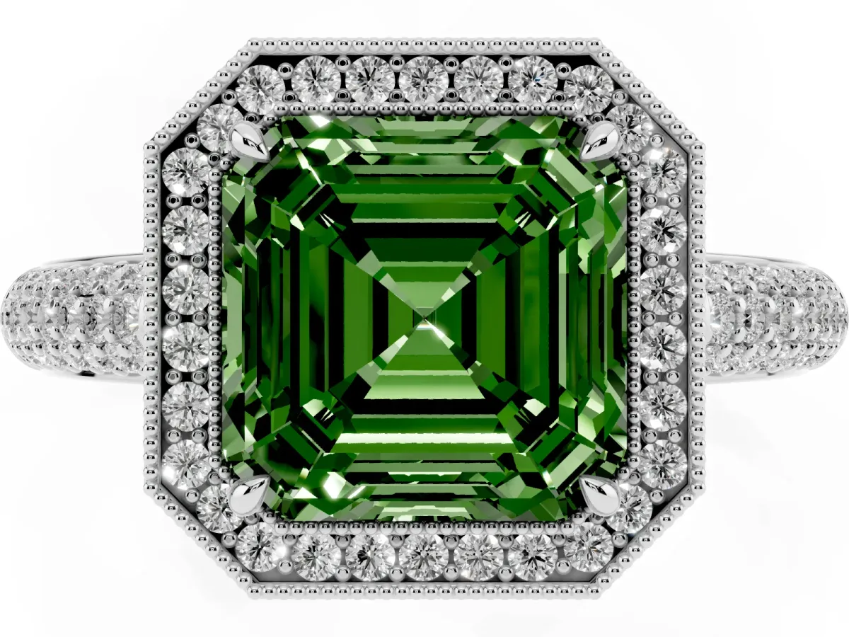 Fancy Green Asscher Cut Cut Halo Diamond Pave Band with Four-Prong Setting Platinum