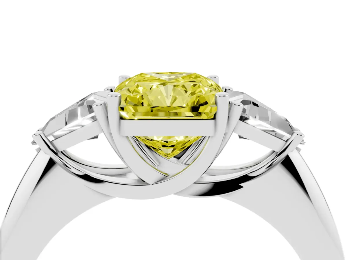 Fancy Yellow Three-Stone Radiant Cut Diamond Engagement Ring with Trillion Side Stones and Prong Setting White gold