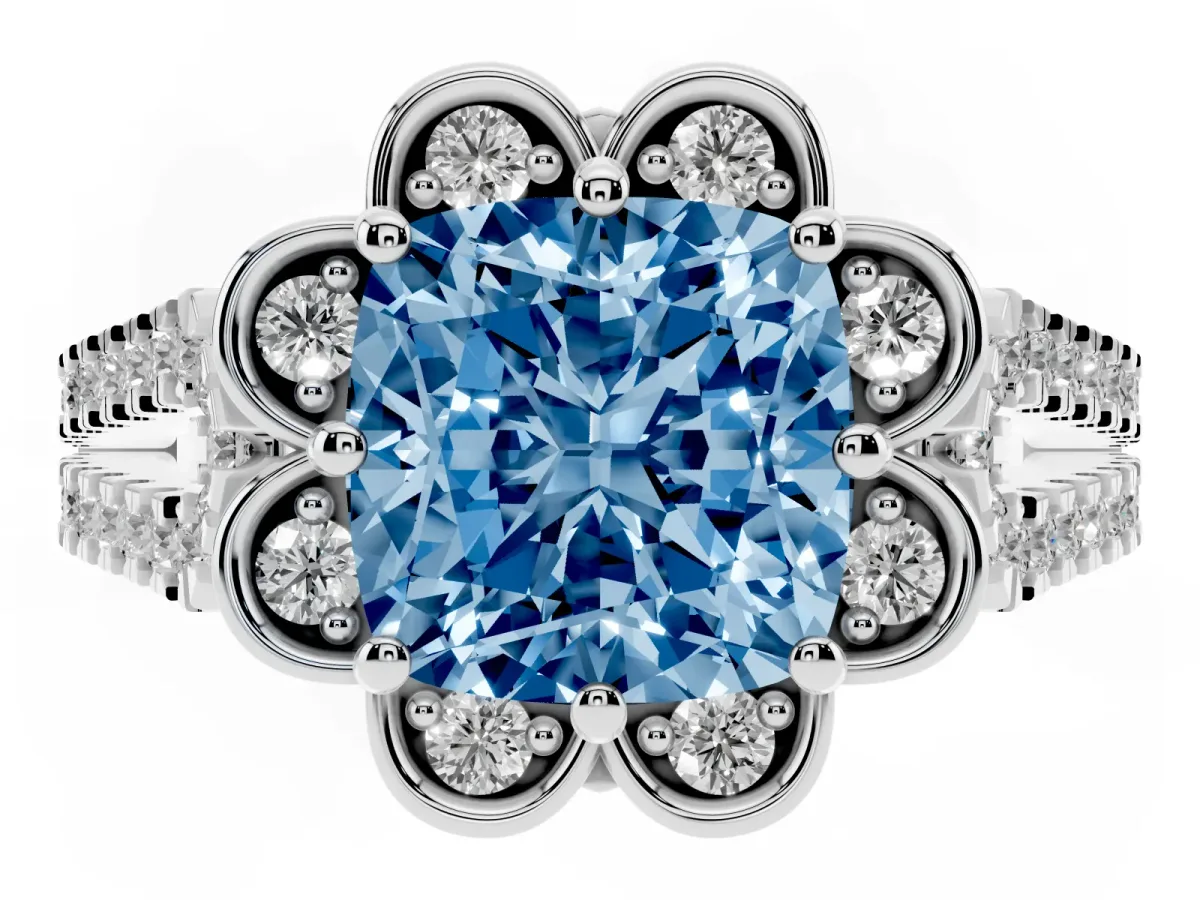 Fancy Blue Cushion Cut Halo Diamond Floral Split Shank Engagement Ring Silver