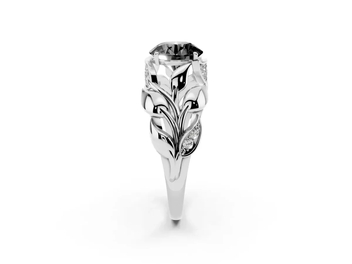 Fancy Black Round Cut Diamond Leaf-Inspired Engagement Ring with Round Accents and Prong Setting Silver