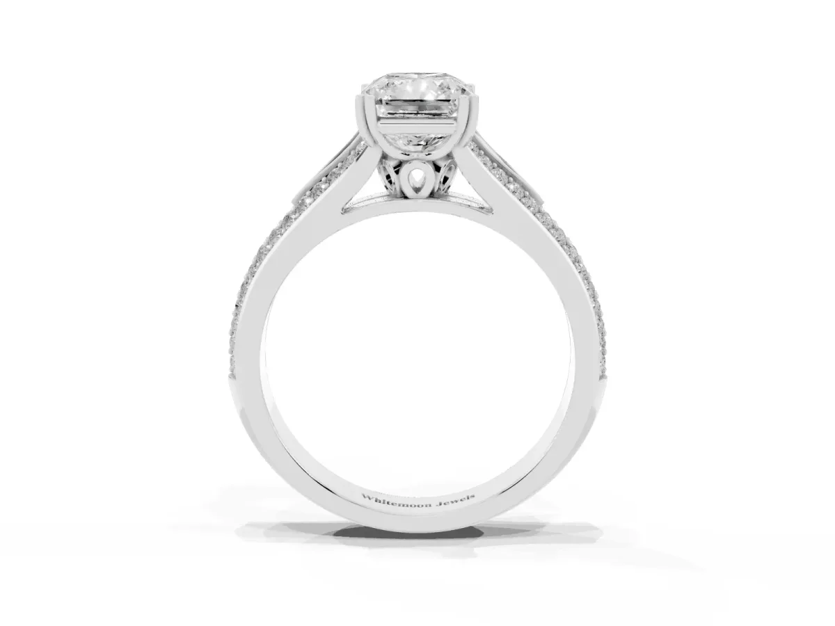 Radiant Cut Diamond Split Shank Engagement Ring with Pavé Band White gold