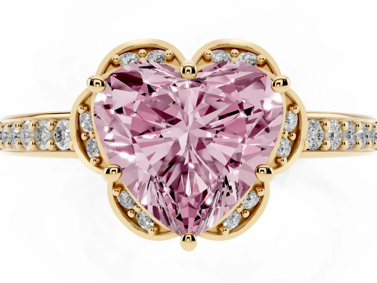 Fancy Pink Heart Cut Cut Halo Diamond Ring with Channel Set Band and Four-Prong Setting Yellow gold