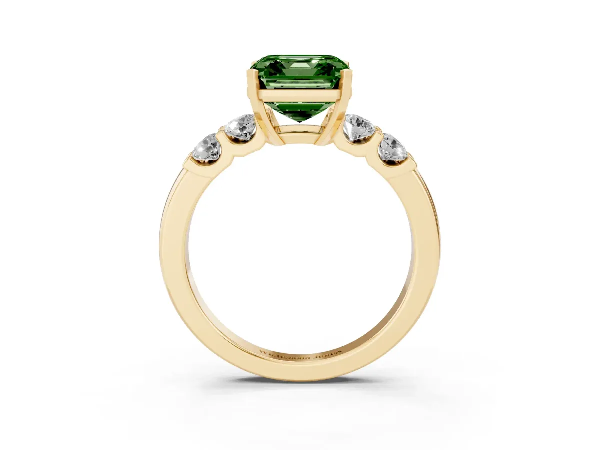 Fancy Green Asscher Cut Brilliant Cut Diamond Five-Stone Prong Set Engagement Ring with Channel Band Yellow gold