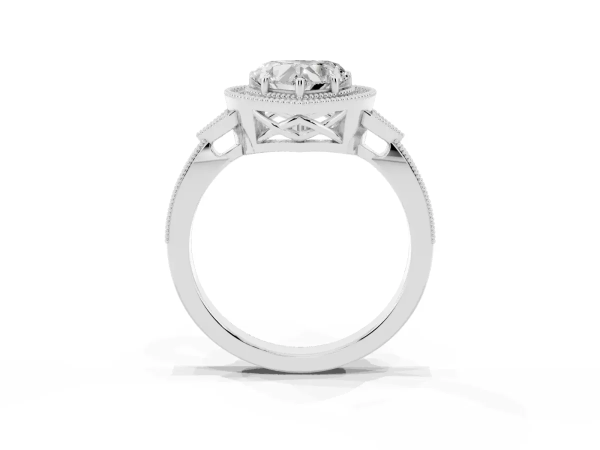 Heart Cut Halo Round Diamond Milgrain Pave Engagement Ring Silver